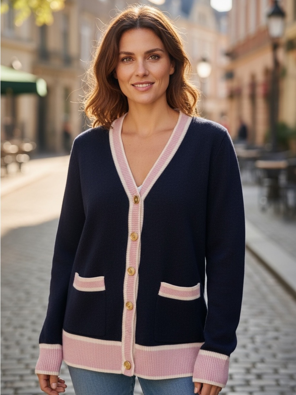 C by Bloomingdale’s Cashmere Navy and Pink V-Neck Button Front Cardigan XS